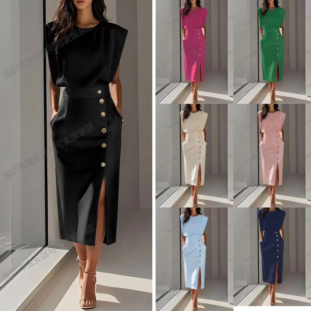 Damen Elegantes Abendkleid mit hohen Schultern und seitlichem Schlitz Echo Archiv