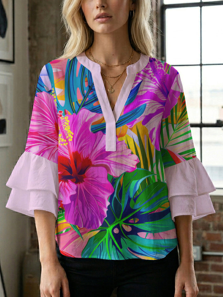Damen Bluse mit voluminösen Rüschenärmeln und floralem Muster Echo Archiv