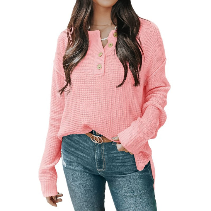 Damen nan lockerer Waffelstruktur Henley Pullover mit Knopfleiste und überschnittener Schulter Echo Archiv