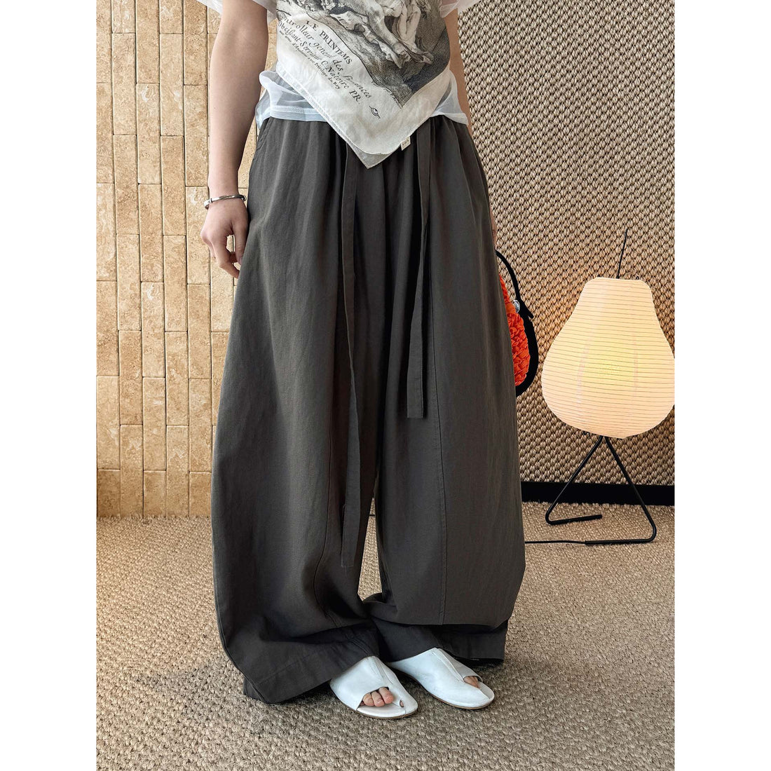 Damen Weite High‑Waist Leinen‑Optik Culotte‑Hose mit Tunnelzug und fließender Silhouette Echoarchiv