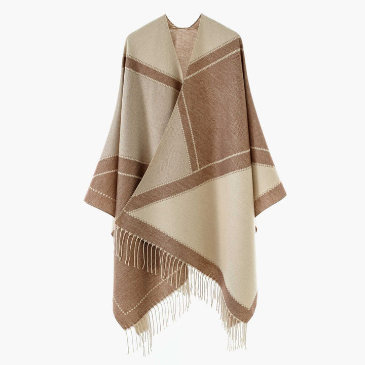 Damen Großer Wollmix Fransenponcho mit diagonalen Kontraststreifen Echo Archiv