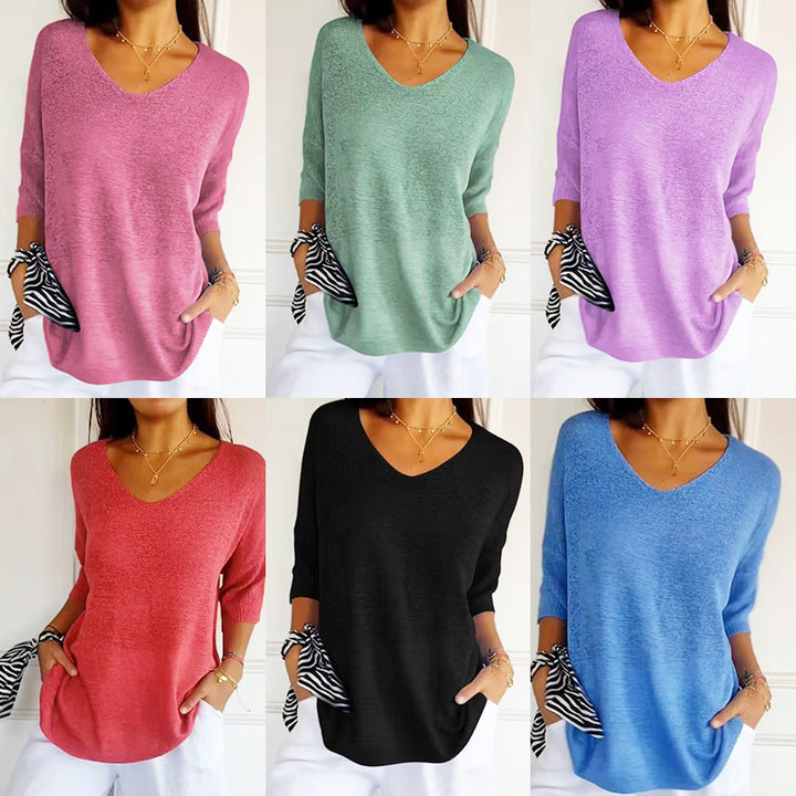 Damen nan locker sitzender V-Ausschnitt Feinstrickpullover mit dreiviertelÄrmeln Echo Archiv