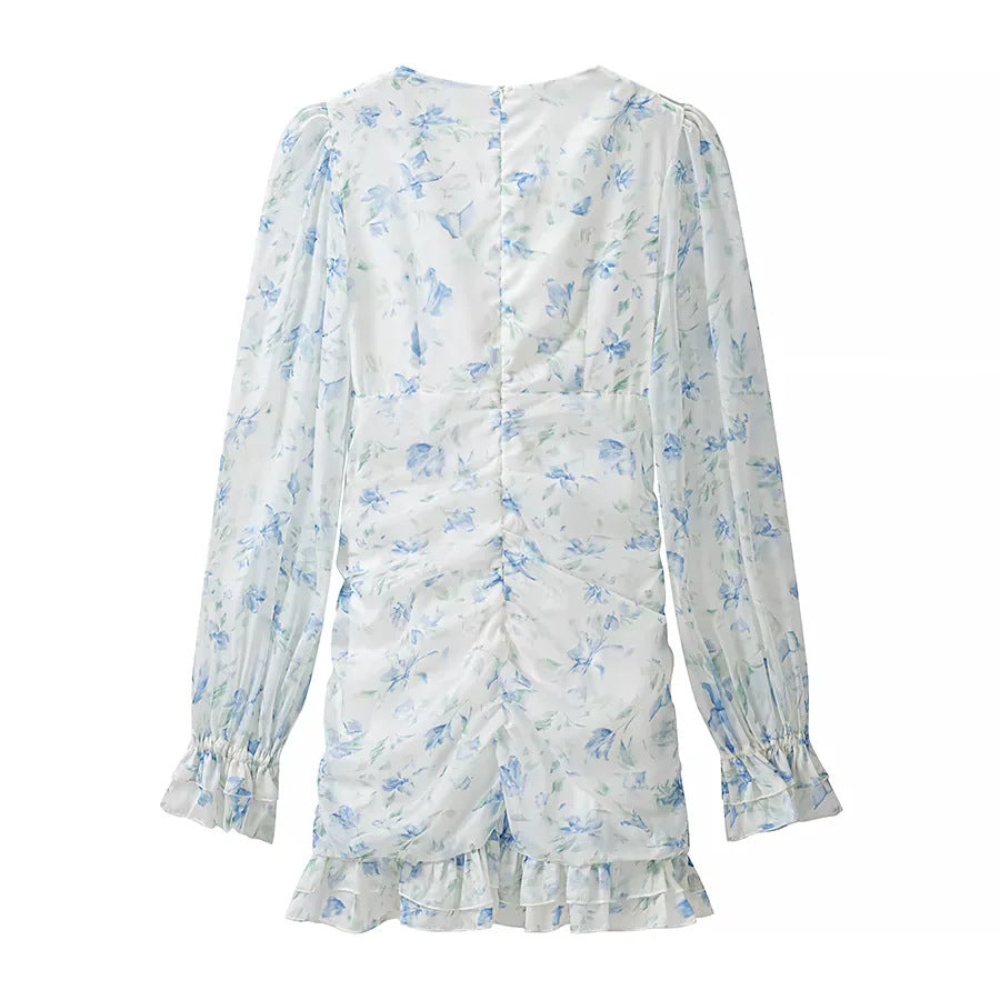 Damen nan gerafftes Chiffon Minikleid mit tiefem V-Ausschnitt Rüschen und Rosenapplikation Echo Archiv