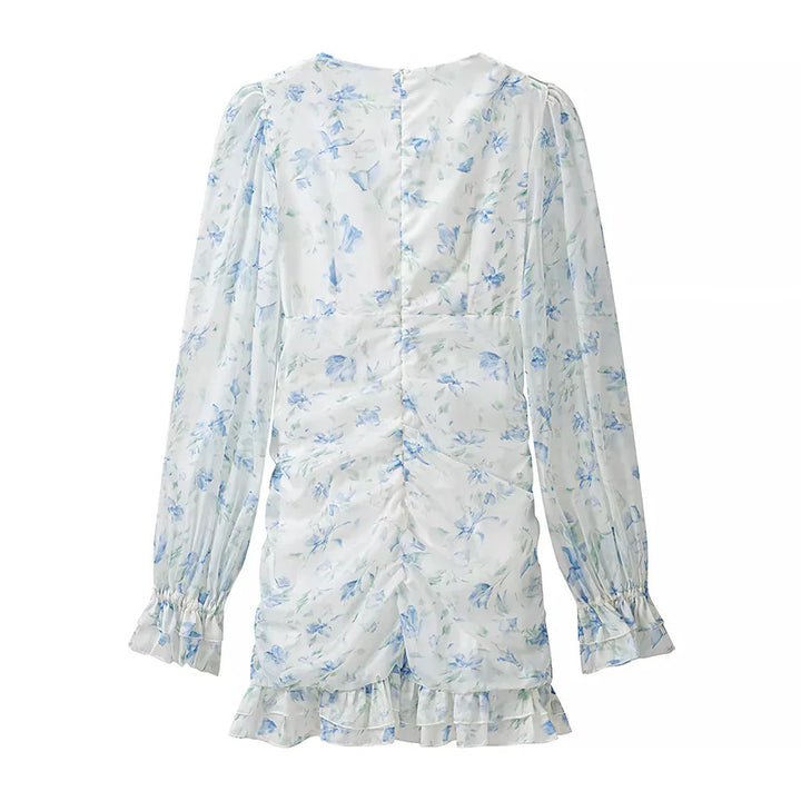 Damen nan gerafftes Chiffon Minikleid mit tiefem V-Ausschnitt Rüschen und Rosenapplikation Echo Archiv
