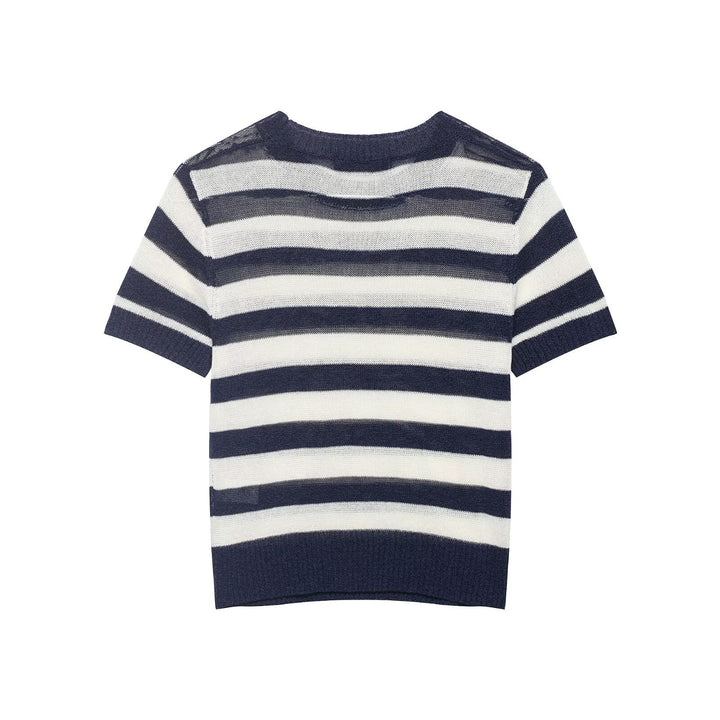 Damen lässiges Kurzarmshirt mit maritimem Streifenmuster und feiner Strickstruktur Echo Archiv
