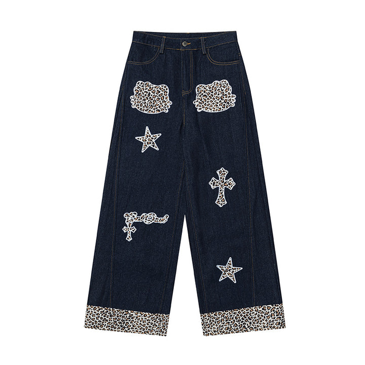 Damen Weite Highwaist Denim-Palazzohose mit Leoparden-Besatz und Applikationsstickerei Echoarchiv