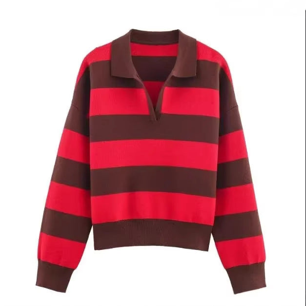Damen nan oversized Rugby-Pullover mit Polokragen, V-Ausschnitt und breiten Streifen Echo Archiv