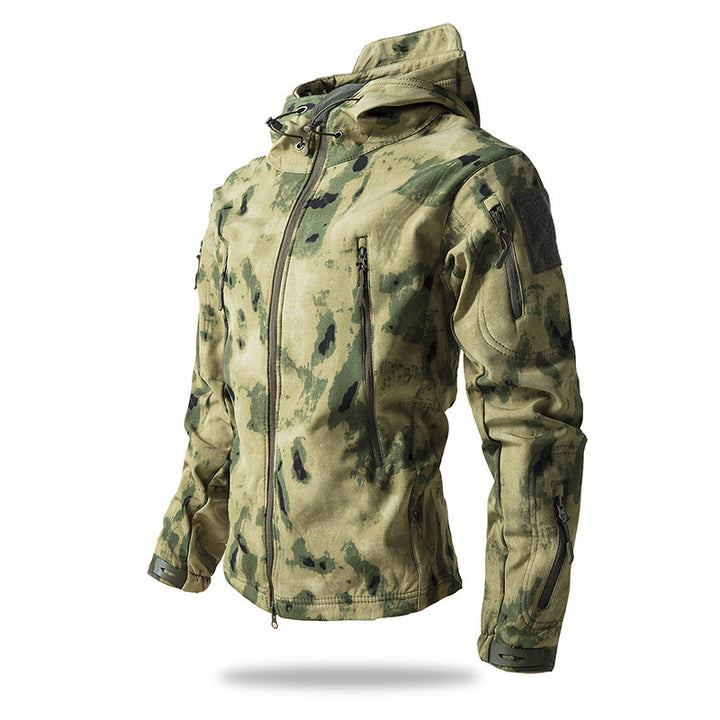 Herren Taktische Softshelljacke mit Kapuze, Tarnmuster und Mehrfach-Reißverschlusstaschen Echo Archiv
