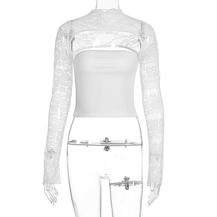 Damen Elegantes Oberteil mit transparenten Ärmeln und hochwertiger Spitze Echo Archiv