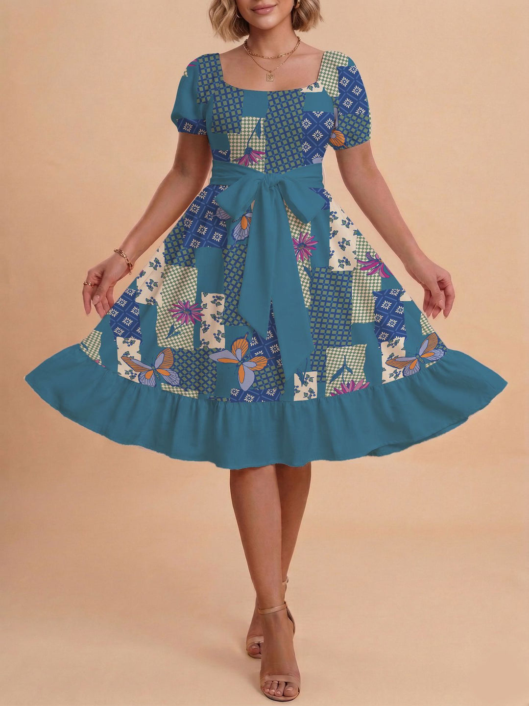 Damen Retro Maxikleid mit Puffärmeln und Taillengürtel Echo Archiv