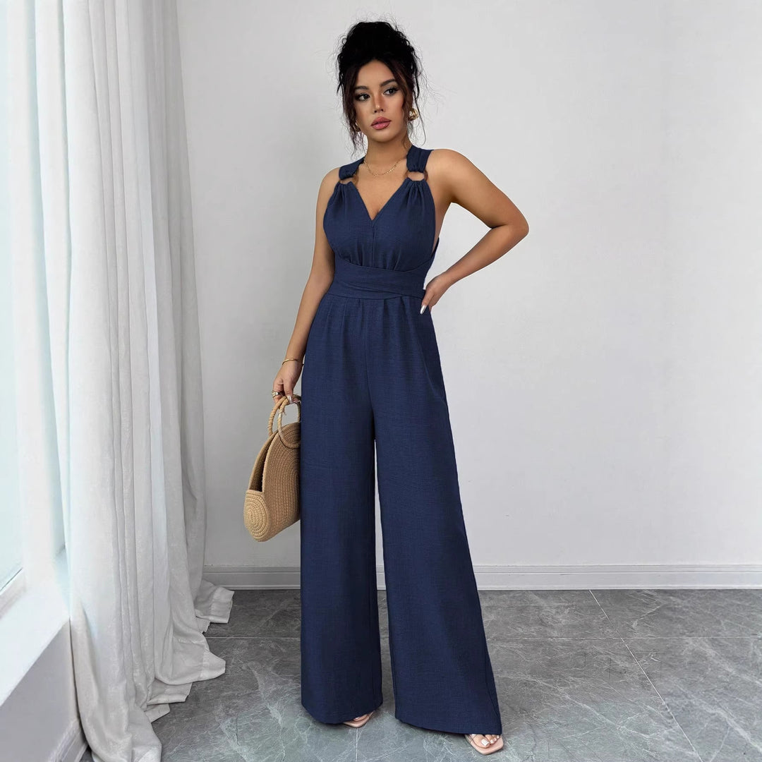 Damen Jumpsuit mit weitem Bein, tailliertem Wickelband und Ösen-Trägern Echo Archiv