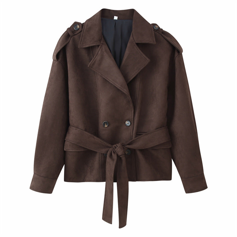 Damen Cropped Trenchjacke im Velourslook mit Bindegürtel und Schulterklappen Echo Archiv