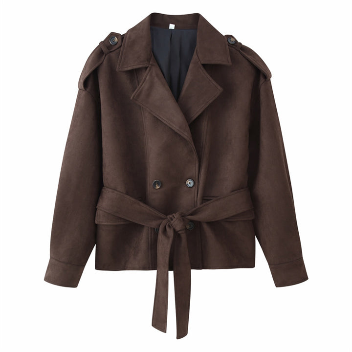 Damen Cropped Trenchjacke im Velourslook mit Bindegürtel und Schulterklappen Echo Archiv