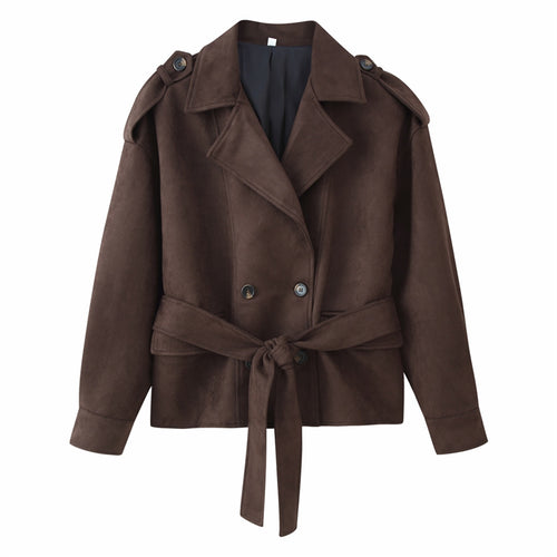 Damen Cropped Trenchjacke im Velourslook mit Bindegürtel und Schulterklappen Echo Archiv