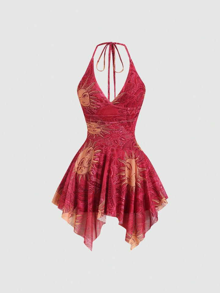 Damen lässiges Strandkleid mit asymmetrischem Saum und raffiniertem Druck Echoarchiv