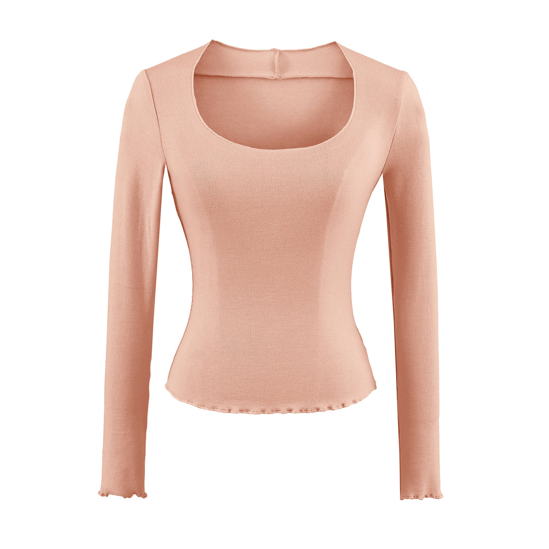 Damen Figurbetontes Langarm-Feinstrickshirt mit quadratischem Ausschnitt und Wellensaum Echoarchiv