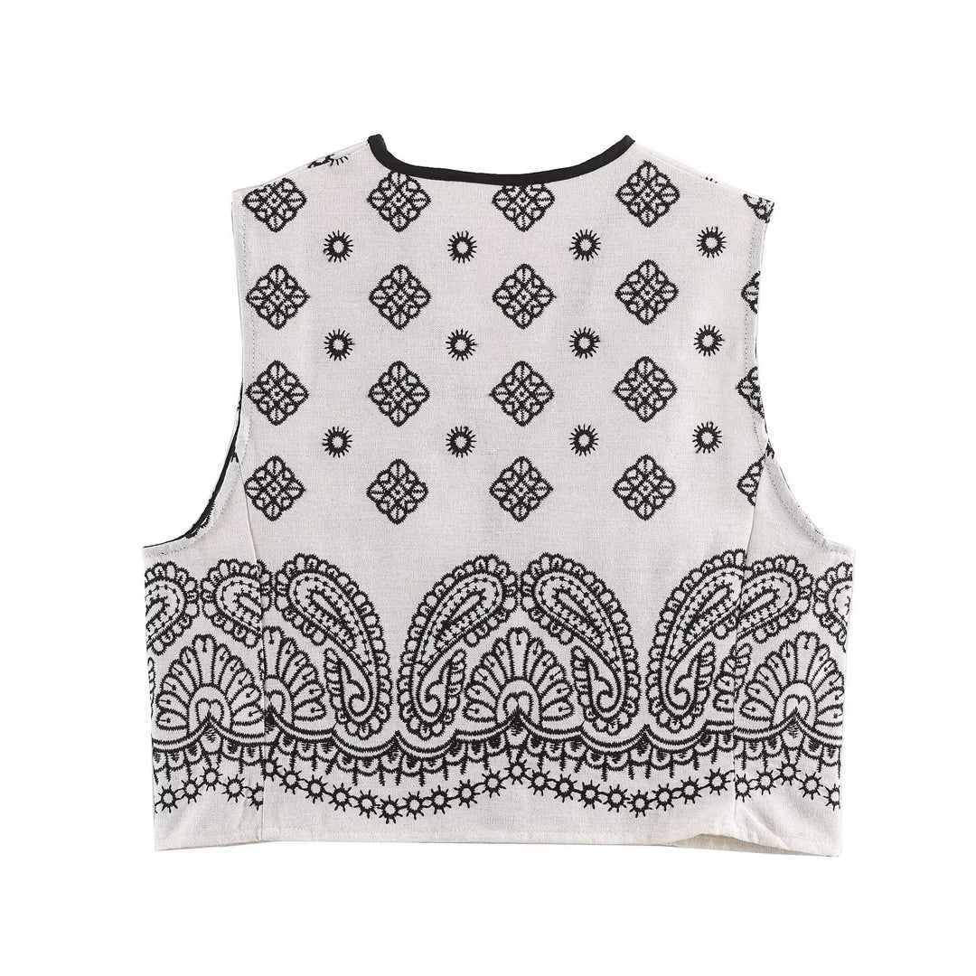 Damen Ärmellose bestickte Weste mit Paisley‑Motiv und Perlmuttknopfleiste Echoarchiv