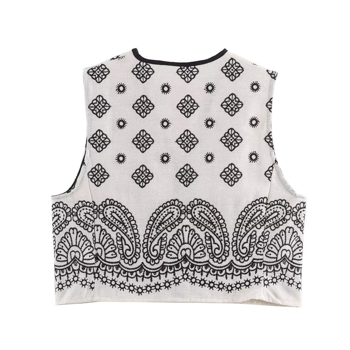 Damen Ärmellose bestickte Weste mit Paisley‑Motiv und Perlmuttknopfleiste Echoarchiv