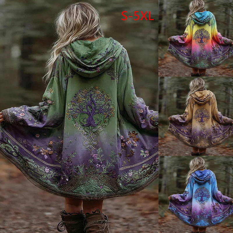 Damen Boho Kapuzenmantel im Schwung-Schnitt mit Baum-Motiv und Farbverlauf – Montévia
