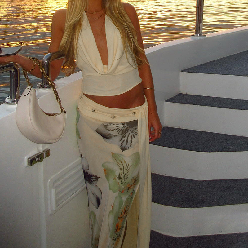Damen Elegantes Maxikleid mit floralem Halterdesign und seitlichem Schlitz Echo Archiv