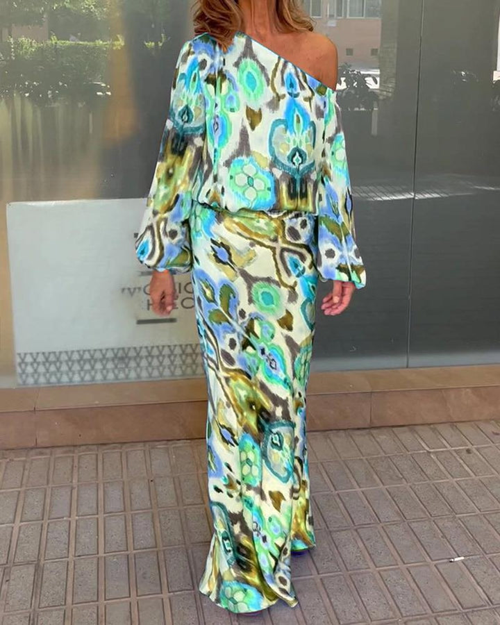 Damen Maxikleid mit asymmetrischer Ein-Schulter, fließendem Satin und Glockenärmeln – Valéora