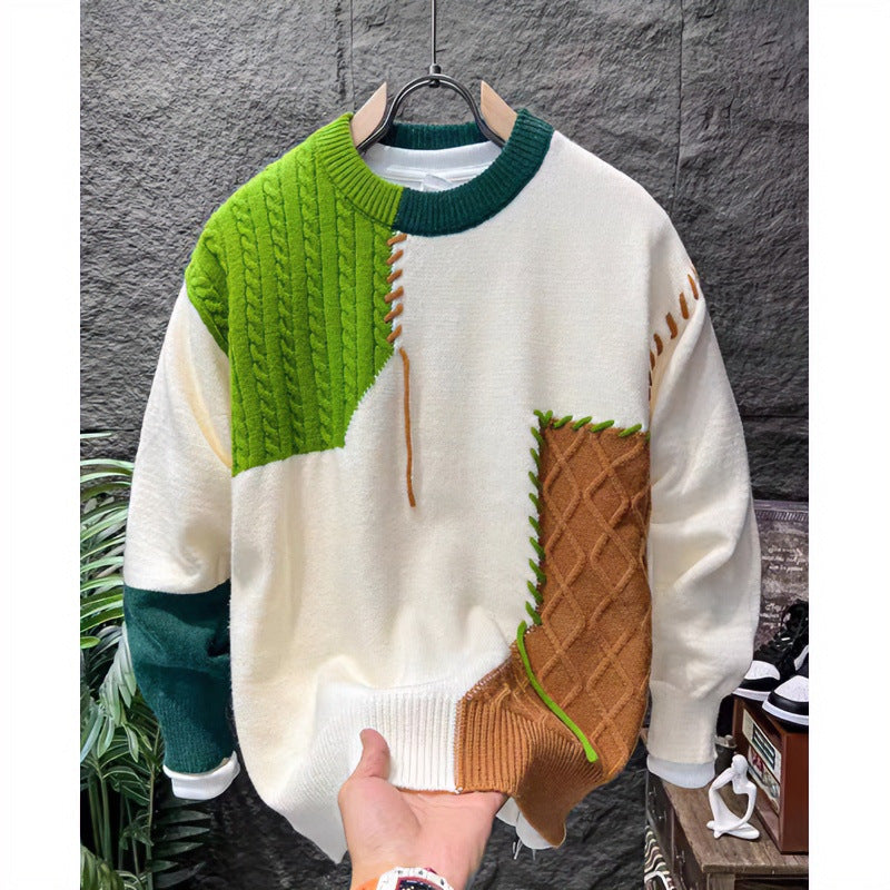 Unisex Patchwork-Oversize-Strickpullover mit Zopf- und Rautenmuster, dekorativen Kontrastnähten und Rundhalsausschnitt Echoarchiv