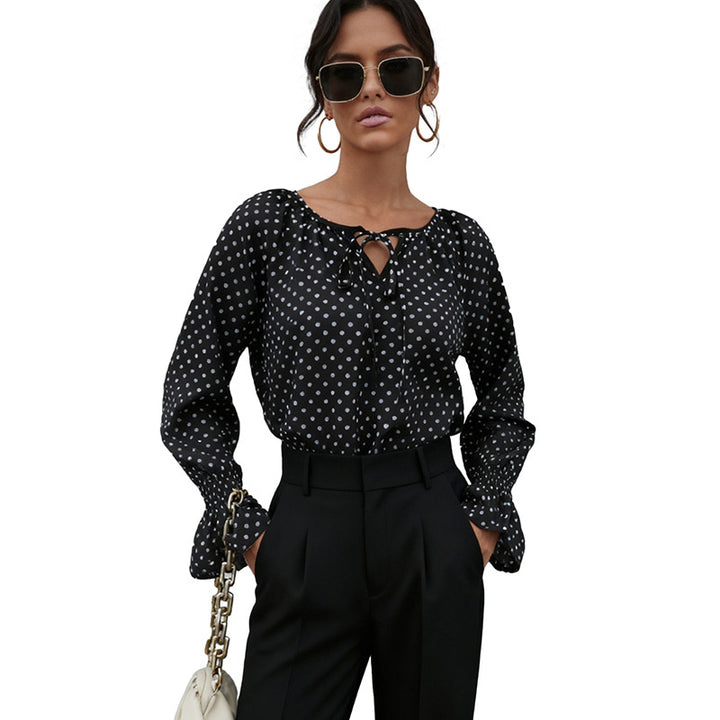 Damen Chiffonbluse mit Polka-Dots, BindEchoarchivand-Ausschnitt und smockgesmokten Manschetten Echoarchiv