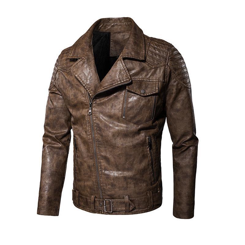 Herren Kunstleder-Bikerjacke mit asymmetrischem Reißverschluss Gürteldetail und gesteppter Schulterpartie – Taviero