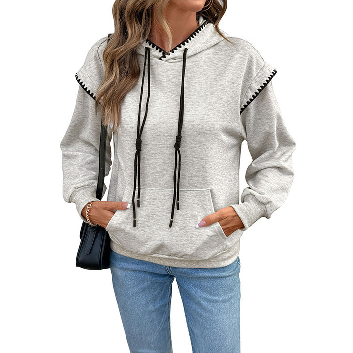 Damen Oversize-Kapuzenpullover mit Zierborte, Kängurutasche und verlängertem Kordelzug – Auréline