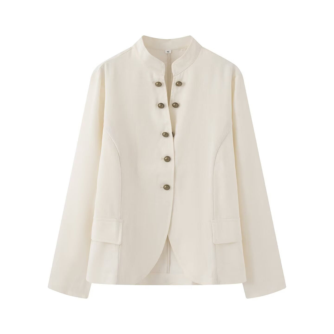 Damen Elegante Kurzjacke mit Stehkragen, Zierriegelknöpfen und Pattentaschen Echo Archiv