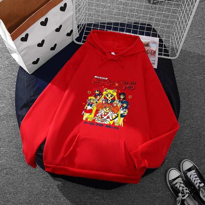 Damen Oversize-Kapuzenpullover mit gerautem Fleecefutter, Retro‑Anime‑Print und Kängurutasche – Auréline