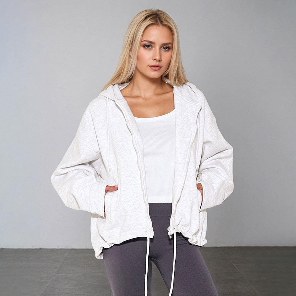 Damen oversized Kapuzenjacke mit Reißverschluss, Tunnelzug-Saum und Kängurutaschen – Auréline