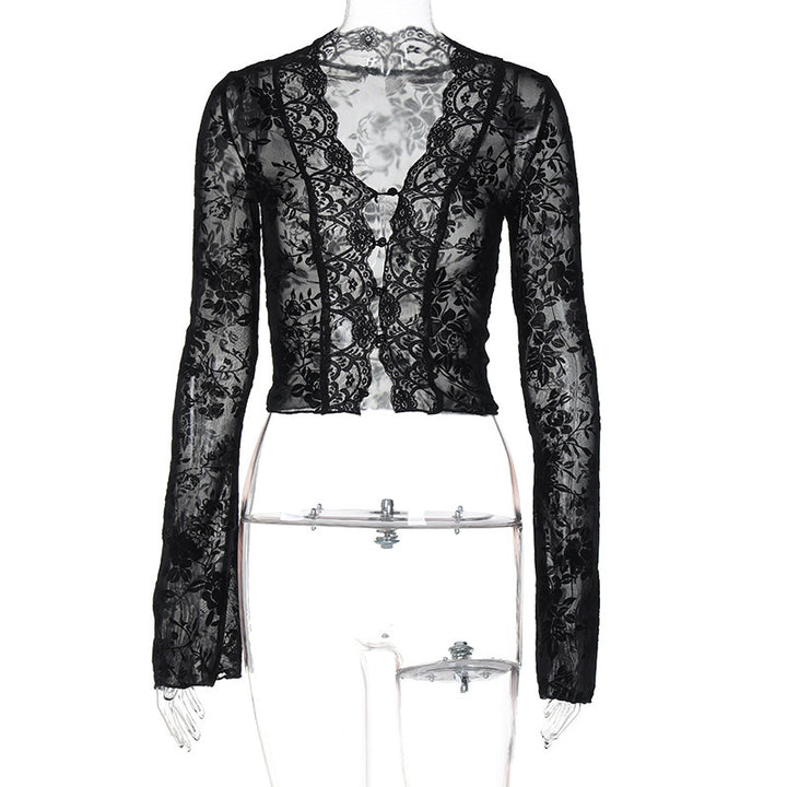 Damen Spitzenbluse mit Leopardenmuster und tiefem V-Ausschnitt Echo Archiv