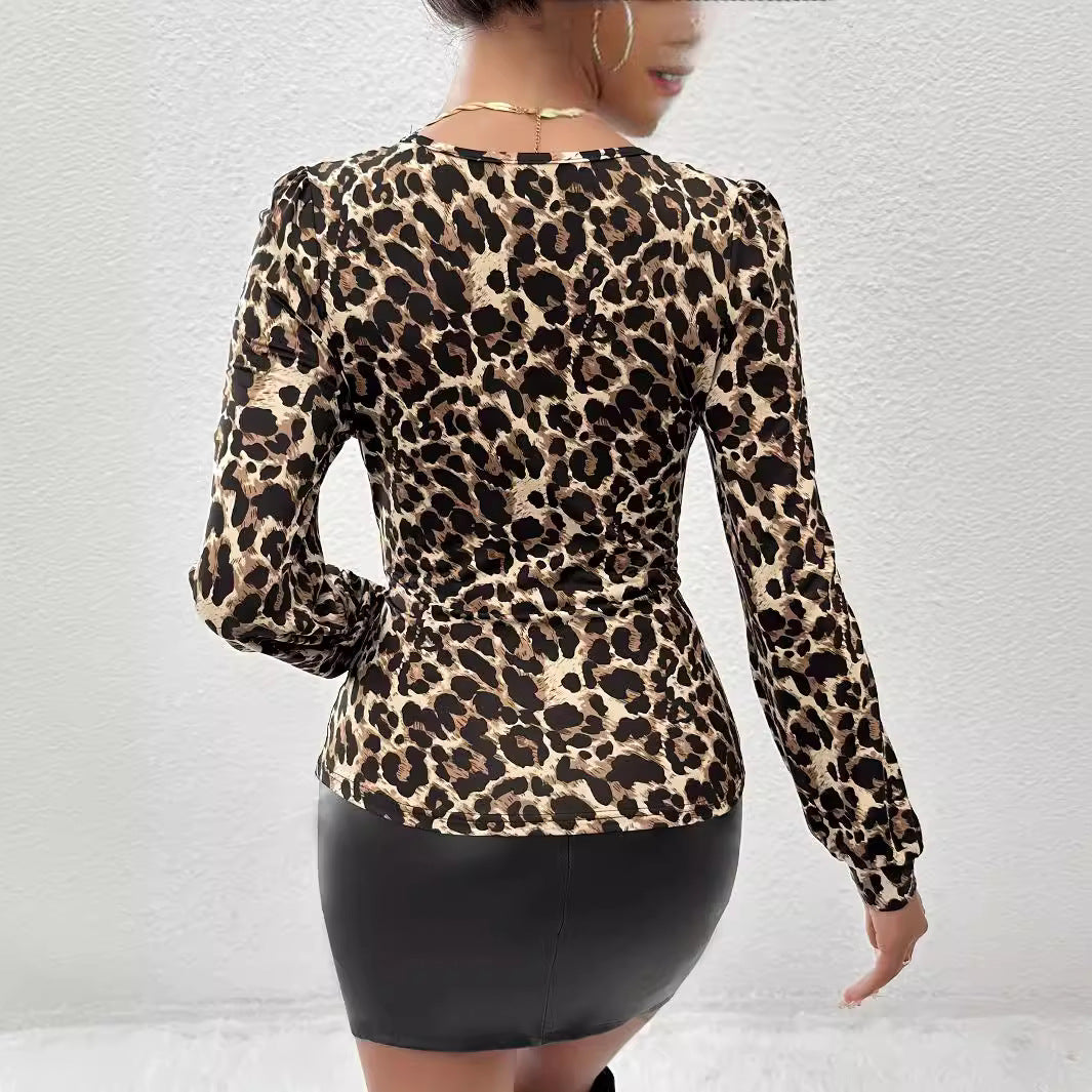 Damen nan taillierter Langarm-Body mit Spitzen-V-Ausschnitt und Leopardenmuster Echo Archiv
