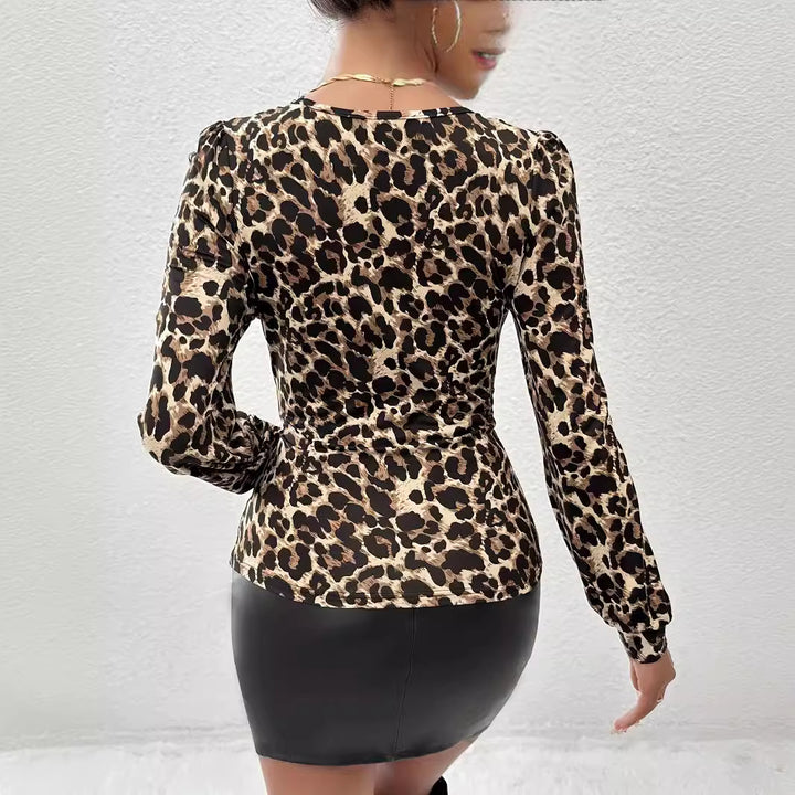 Damen nan taillierter Langarm-Body mit Spitzen-V-Ausschnitt und Leopardenmuster Echo Archiv