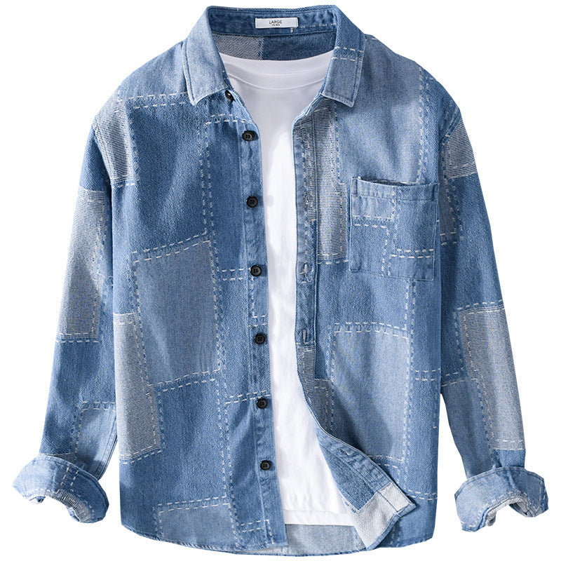 Herren Patchwork-Hemdjacke aus strukturiertem Denim mit sichtbarer Naht und Brusttasche Echoarchiv
