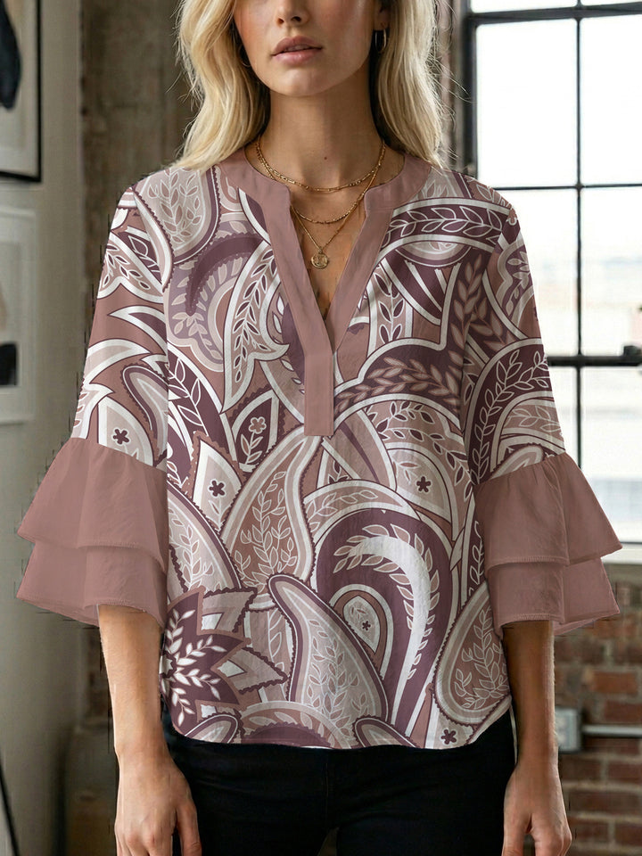 Damen Bluse mit voluminösen Rüschenärmeln und kreativem Floraldesign Echo Archiv