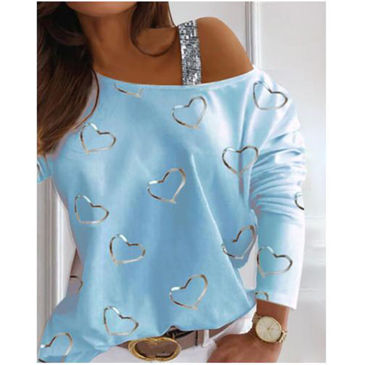 Damen Off-Shoulder Strickpullover mit Herzprint und Paillettenträger Echoarchiv