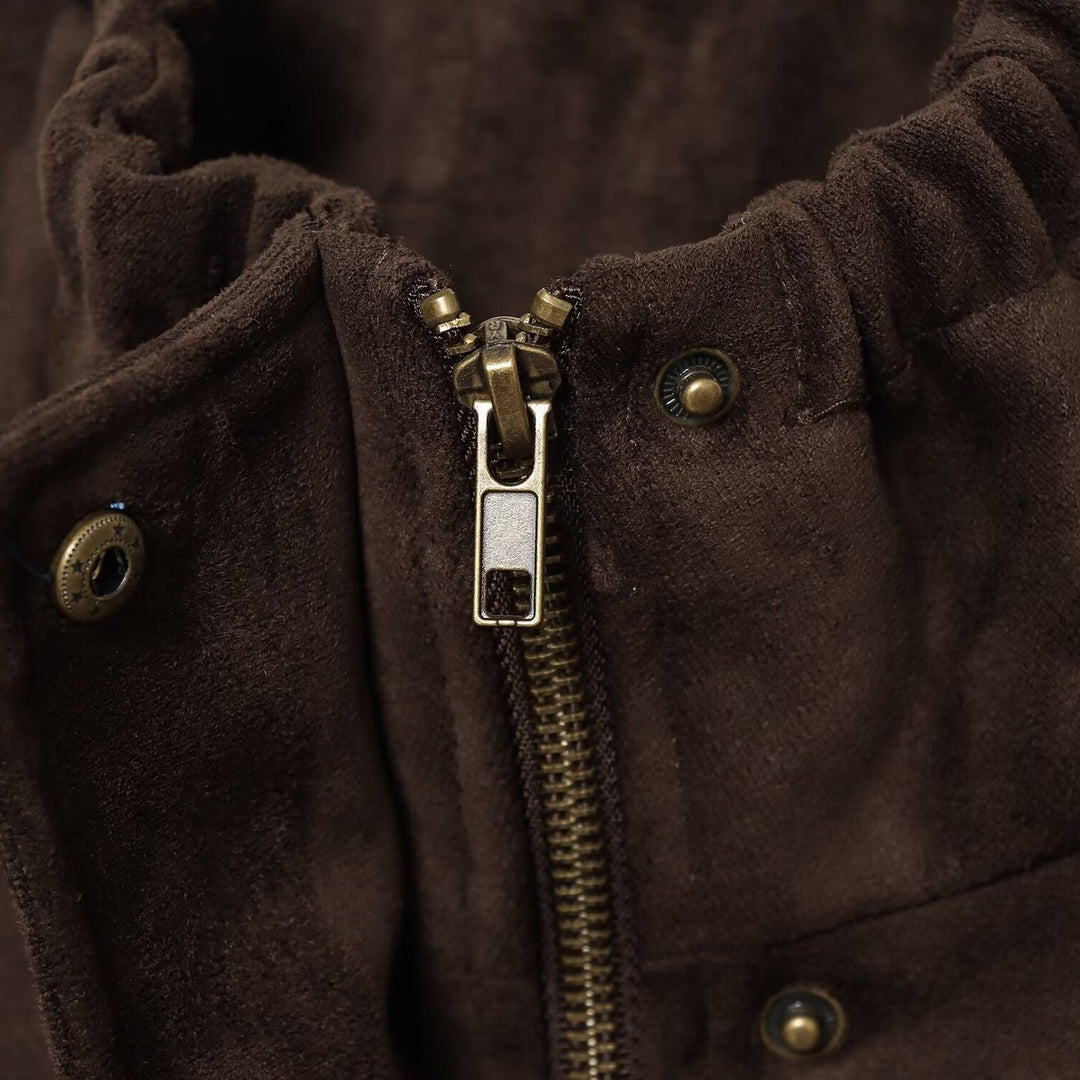 Damen Kurzjacke im Bomberstil aus Veloursoptik mit hohem Funnelkragen und Taillenriegel Echoarchiv