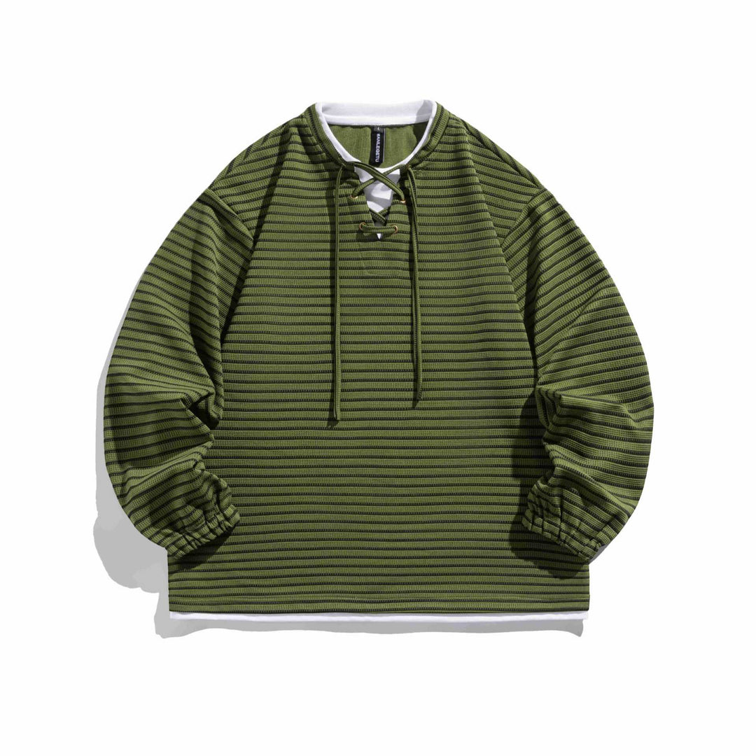 Unisex Gestreifter Waffelstruktur-Pullover mit Schnürverschluss und Raglanärmeln Echoarchiv