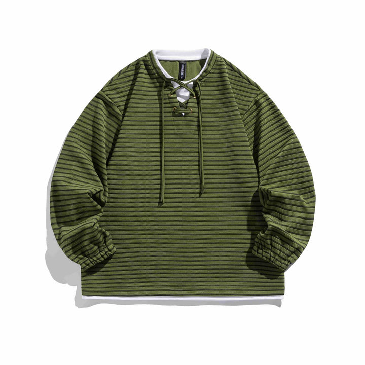 Unisex Gestreifter Waffelstruktur-Pullover mit Schnürverschluss und Raglanärmeln Echoarchiv