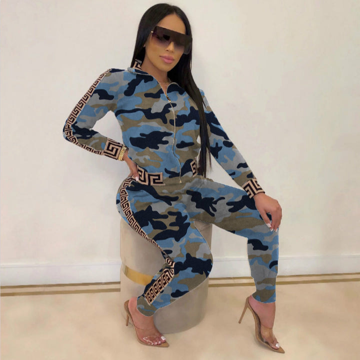 Damen Figurbetonter Jumpsuit mit Reißverschluss, Leopardenmuster und Kontrastbordüre – Solévia