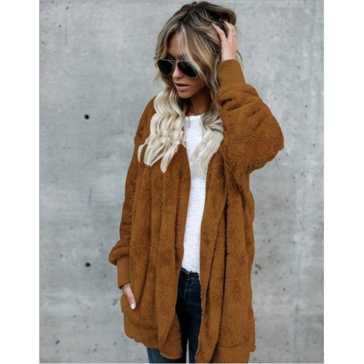 Damen Kuschelige Teddy‑Fleece‑Cardigan mit Kapuze, Oversize‑Schnitt und aufgesetzten Taschen – Veloura