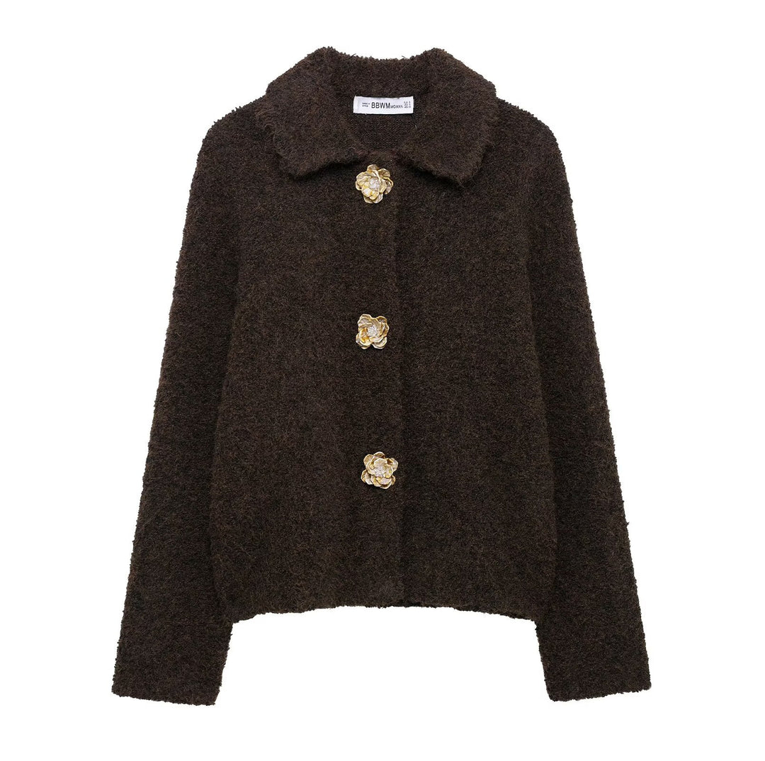 Damen nan kurz geschnittene Bouclé-Jacke mit dekorativen Blumenknöpfen und rundem Umlegekragen Echo Archiv