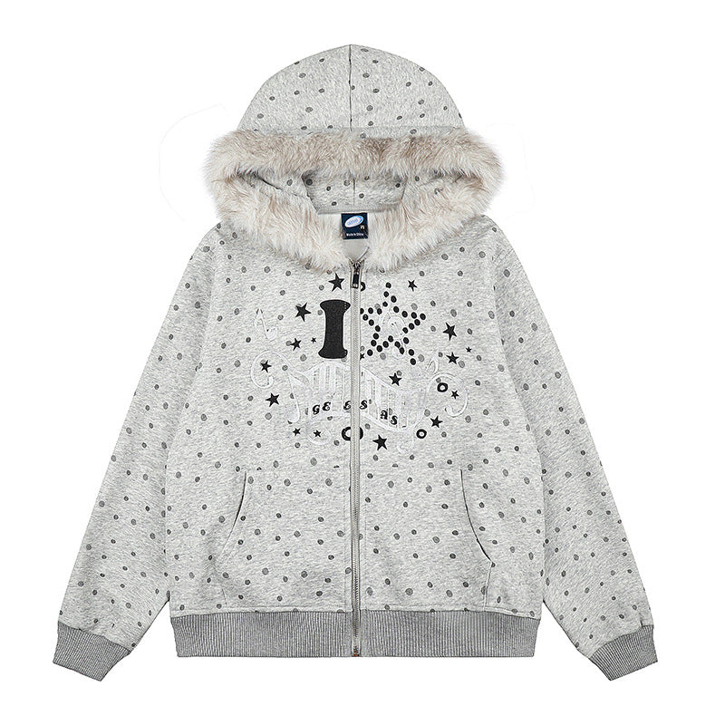 Damen Gepunktete Kapuzen-Sweatjacke mit Kunstfellbesatz, durchgehendem Reißverschluss und Kängurutaschen Echoarchiv