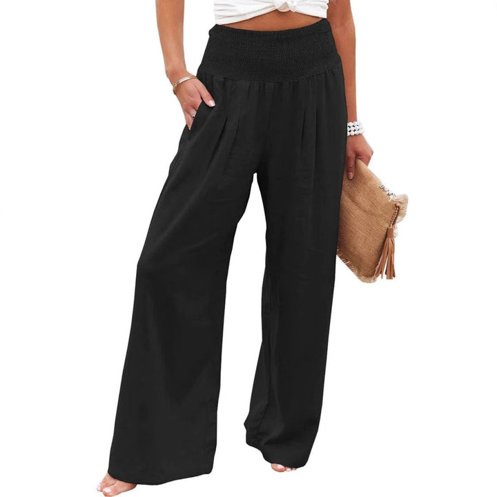 Damen Weite Leinenhose mit Elastischem Bund und Falten Echoarchiv