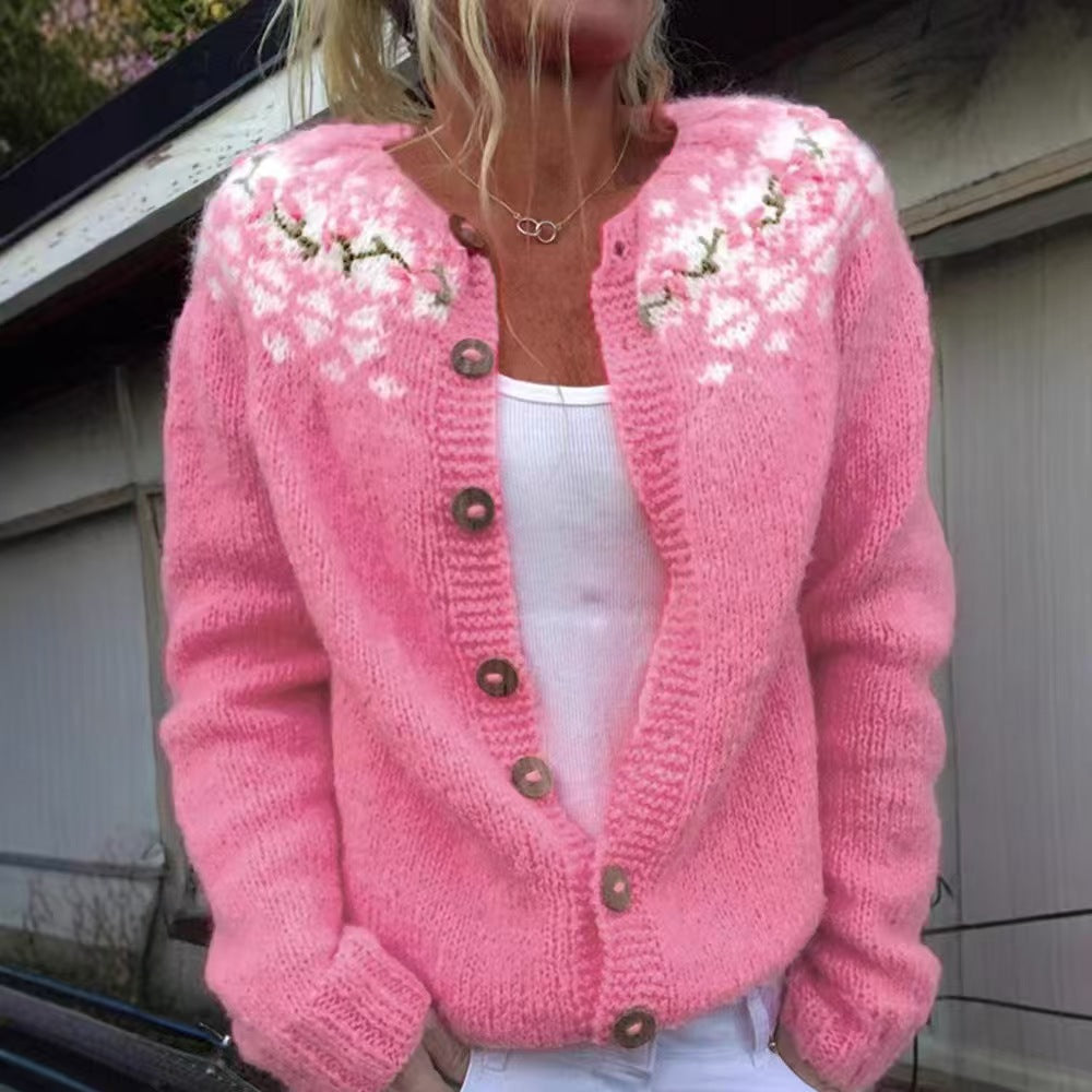 Damen nan gemusterte Strickjacke mit Rundpasse, Holzknöpfen und Eingrifftaschen Echo Archiv