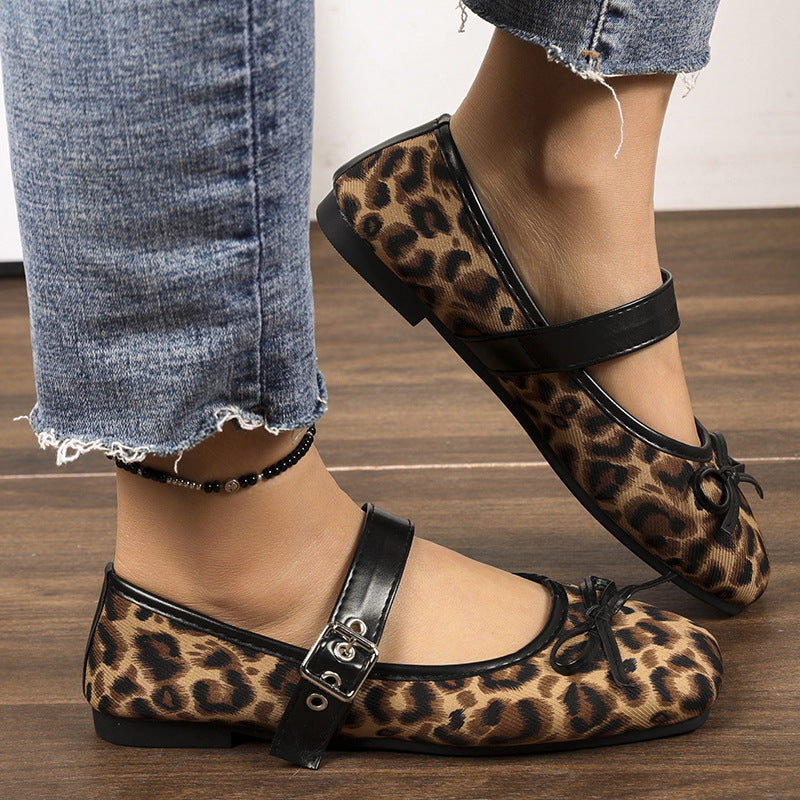 Damen Ballerinas mit Leopardenmuster, verstellbarem Mary-Jane-Riemen und dekorativer Schleife – Lioré