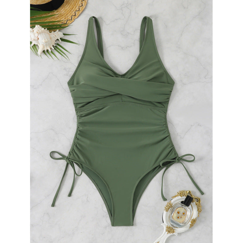 Damen Einteiler Badeanzug mit elegantem Wickeldesign und verstellbaren Schnürdetails Echo Archiv