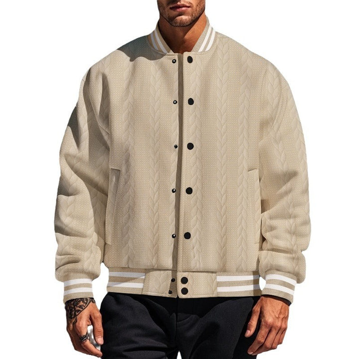 Herren Kunstfell-Collegejacke mit kontrastierenden Bünden und modernem Strickmuster Echoarchiv